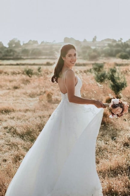 Exquisite Spaghetti Strap Sleeveless A-Line Floor-Length Lace Wedding Dresses-misshow.com