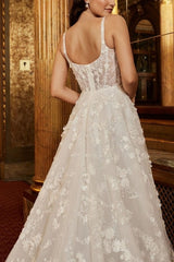 Exquisite Spaghetti Strap Sleeveless A-Line Lace Wedding Dresses with Pattern-misshow.com