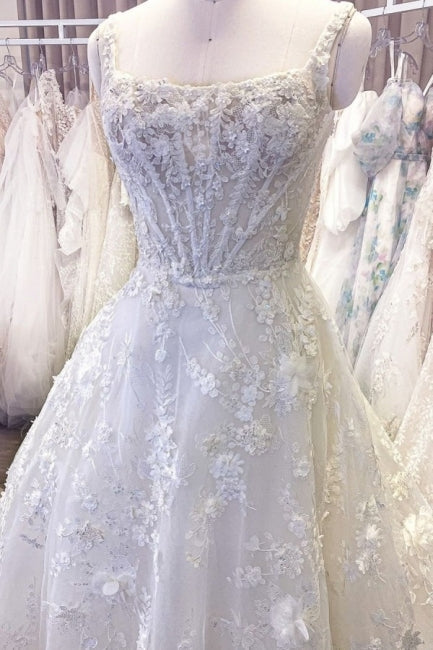 Exquisite Spaghetti Strap Sleeveless A-Line Lace Wedding Dresses with Pattern-misshow.com