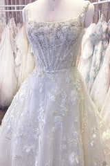 Exquisite Spaghetti Strap Sleeveless A-Line Lace Wedding Dresses with Pattern-misshow.com