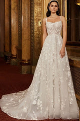 Exquisite Spaghetti Strap Sleeveless A-Line Lace Wedding Dresses with Pattern-misshow.com