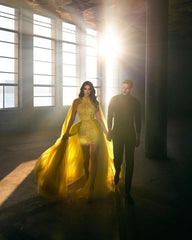 Extravagant Long Gold Sleeveless Prom Evening Dresses With Detachable Train-misshow.com