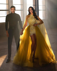 Extravagant Long Gold Sleeveless Prom Evening Dresses With Detachable Train-misshow.com