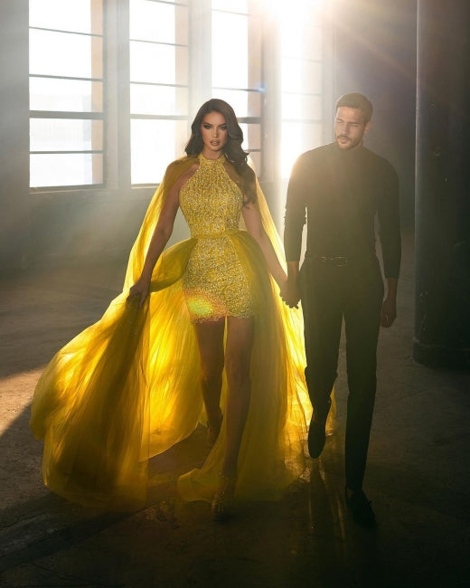 Extravagant Long Gold Sleeveless Prom Evening Dresses With Detachable Train-misshow.com