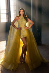 Extravagant Long Gold Sleeveless Prom Evening Dresses With Detachable Train-misshow.com