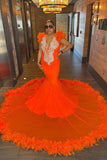 Eye-cathing Sleeveless V-neck Mermaid Prom Dress With Feather-misshow.com