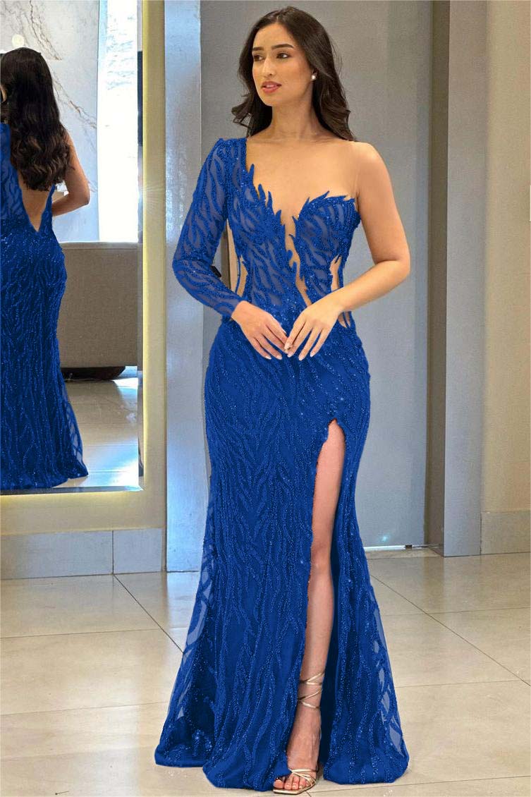 One Shoulder One Long Sleeve Backless Mermaid Split Formal Dress With Appliques