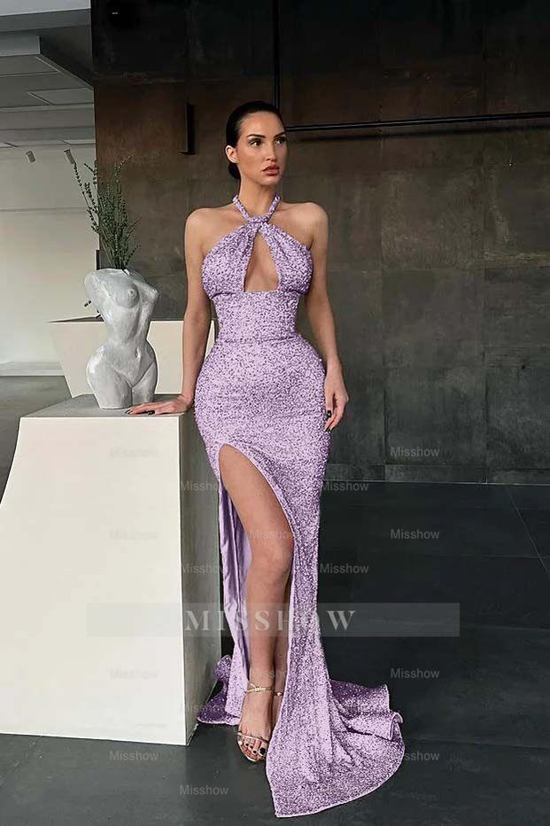 Halter Sleeveless Long Mermaid Formal Dress With Split Sequins