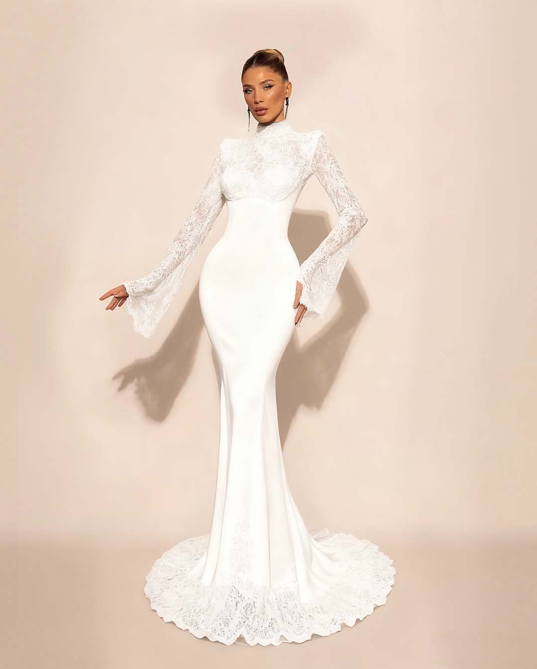 High Neck Lace Long Sleeves Long Mermaid Formal Dress With Pleated