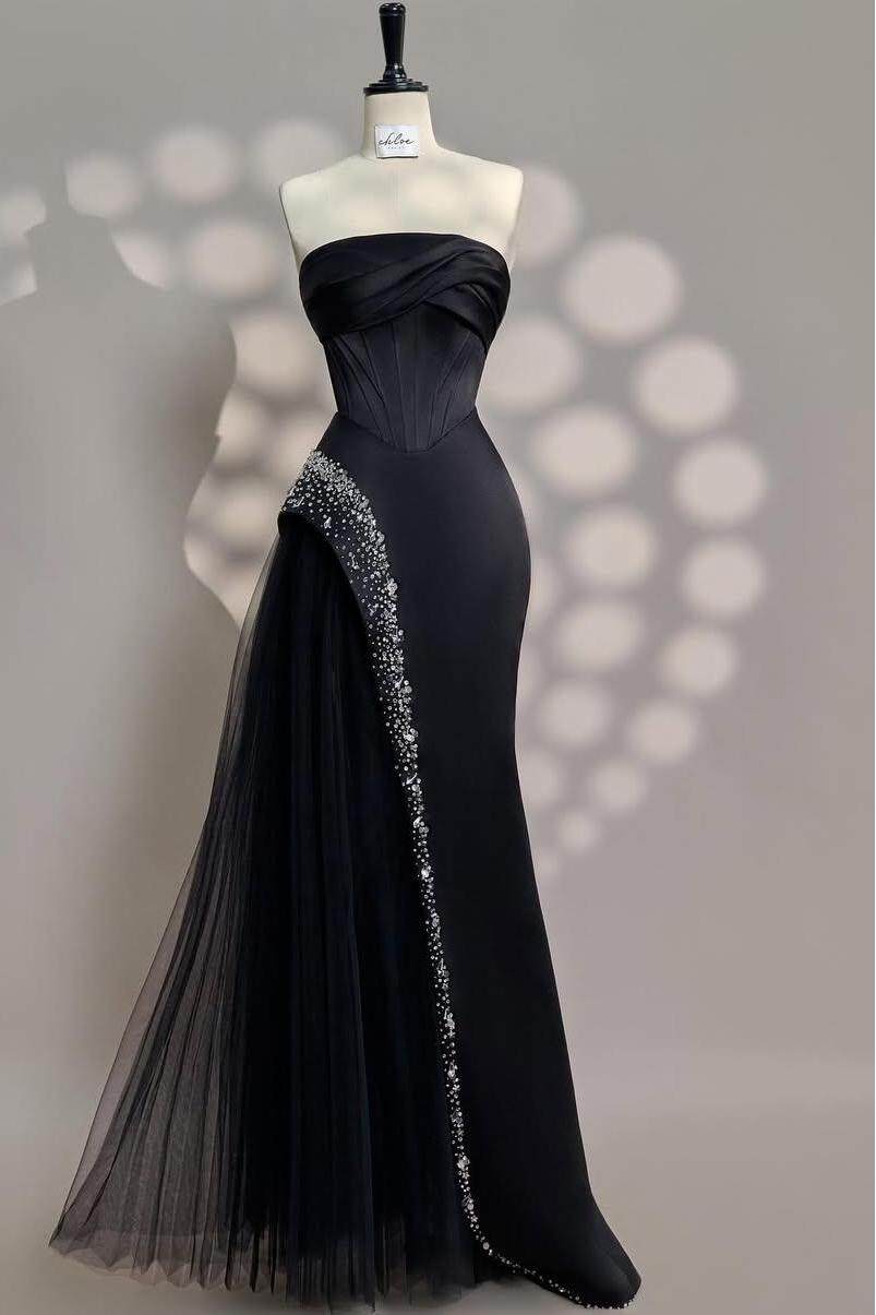 Chic Strapless Sleeveless Long Formal Dress With Beading Tulle