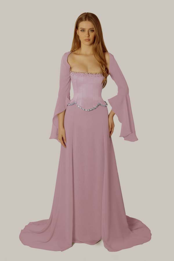 Chiffon Long Sleeves Long Mermaid Formal Dress With Beading Pleated