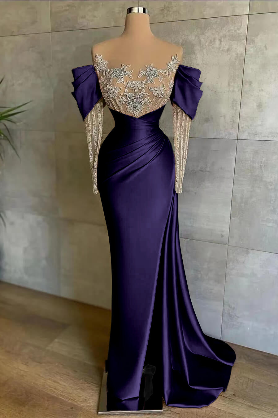 Pink Split Mermaid Long Sleeves Formal Dress Beadings With Appliques Off the Shoulder