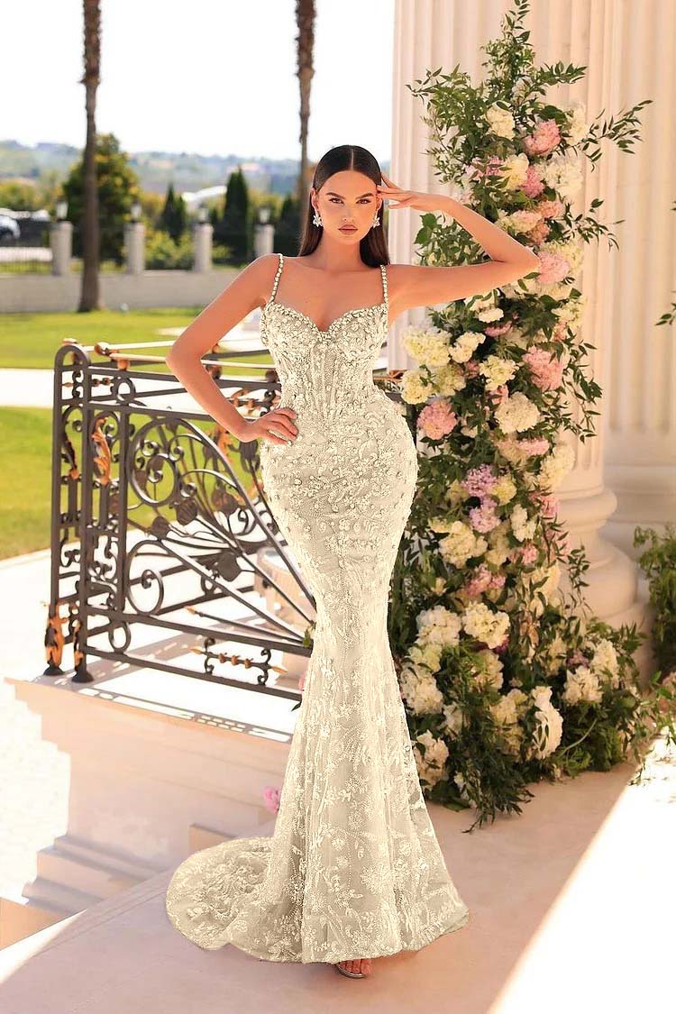 Spaghetti Strap Sleeveless Mermaid Appliques Long Formal Dress With Beadings