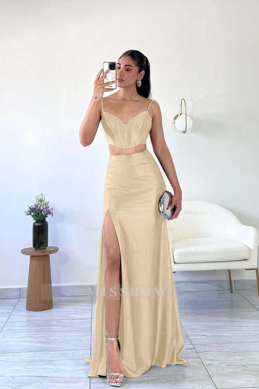 Spaghetti Strap Sleeveless Mermaid Long Formal Dress With Split