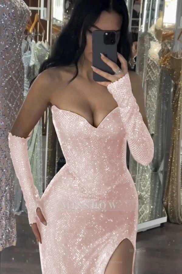 Sequin Strapless Long Mermaid Formal Dress With Split Detachable sleeves