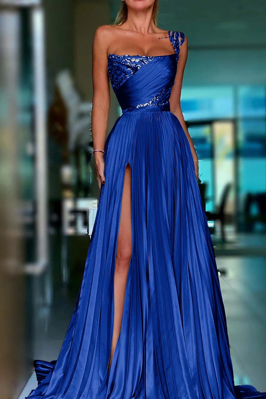 One Shoulder Sleeveless Long Formal Dress With High Split Sequins