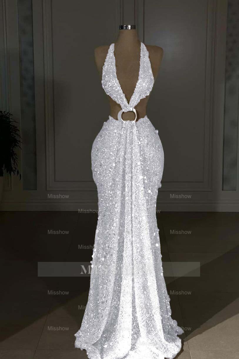 Halter Sleeveless Backless Long Mermaid Formal Dress With Sequins