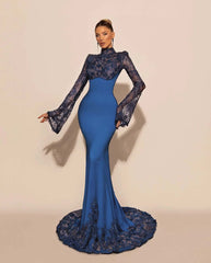 High Neck Lace Long Sleeves Long Mermaid Formal Dress With Pleated