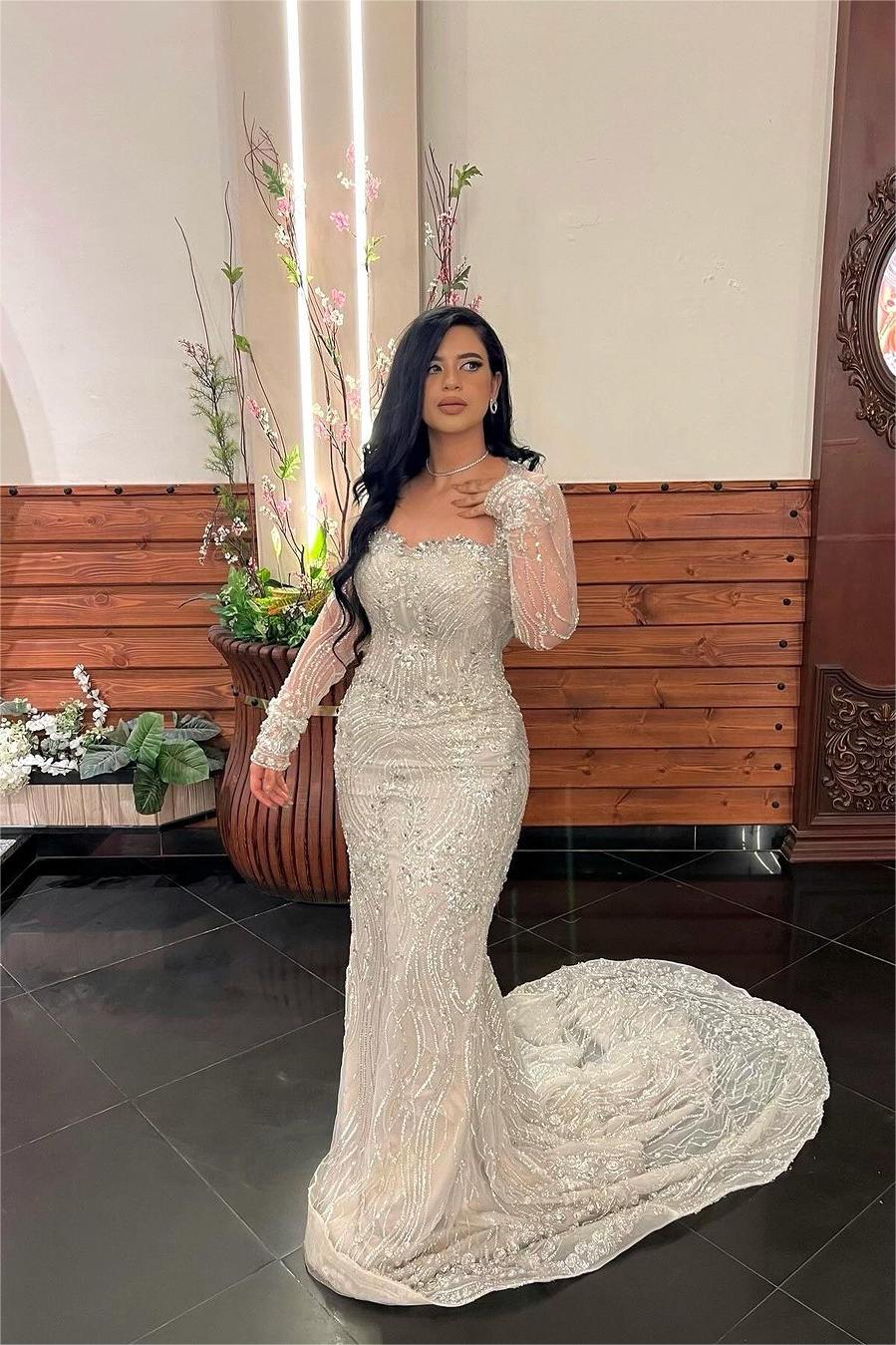 Charming Square Long Sleeves Mermaid Long Formal Dress With Bead Embroidery