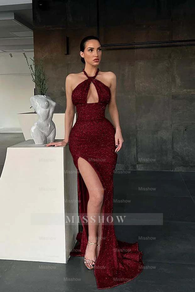 Halter Sleeveless Long Mermaid Formal Dress With Split Sequins