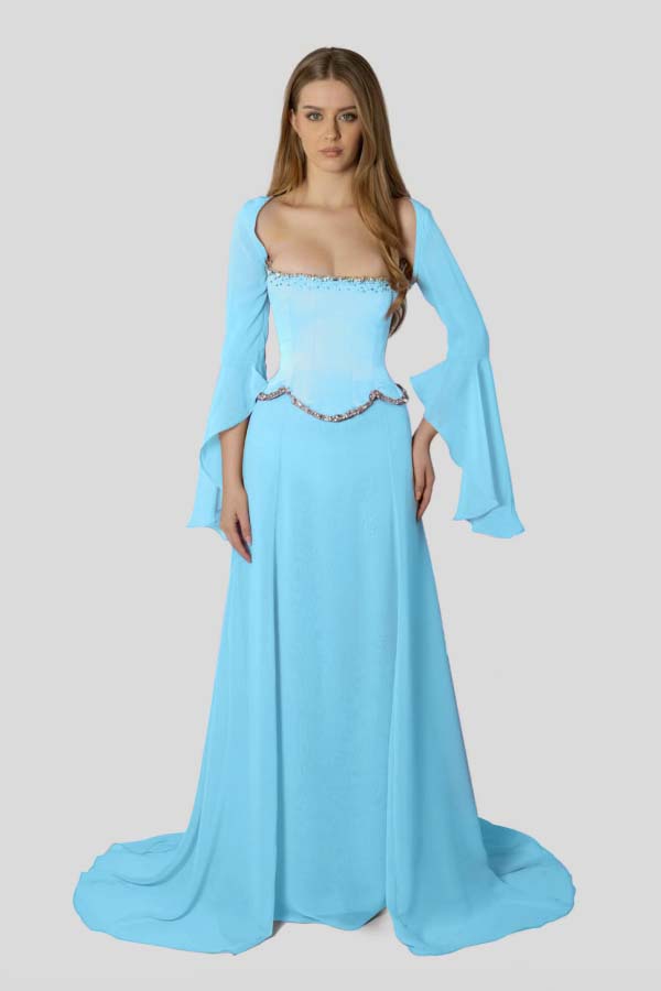 Chiffon Long Sleeves Long Mermaid Formal Dress With Beading Pleated