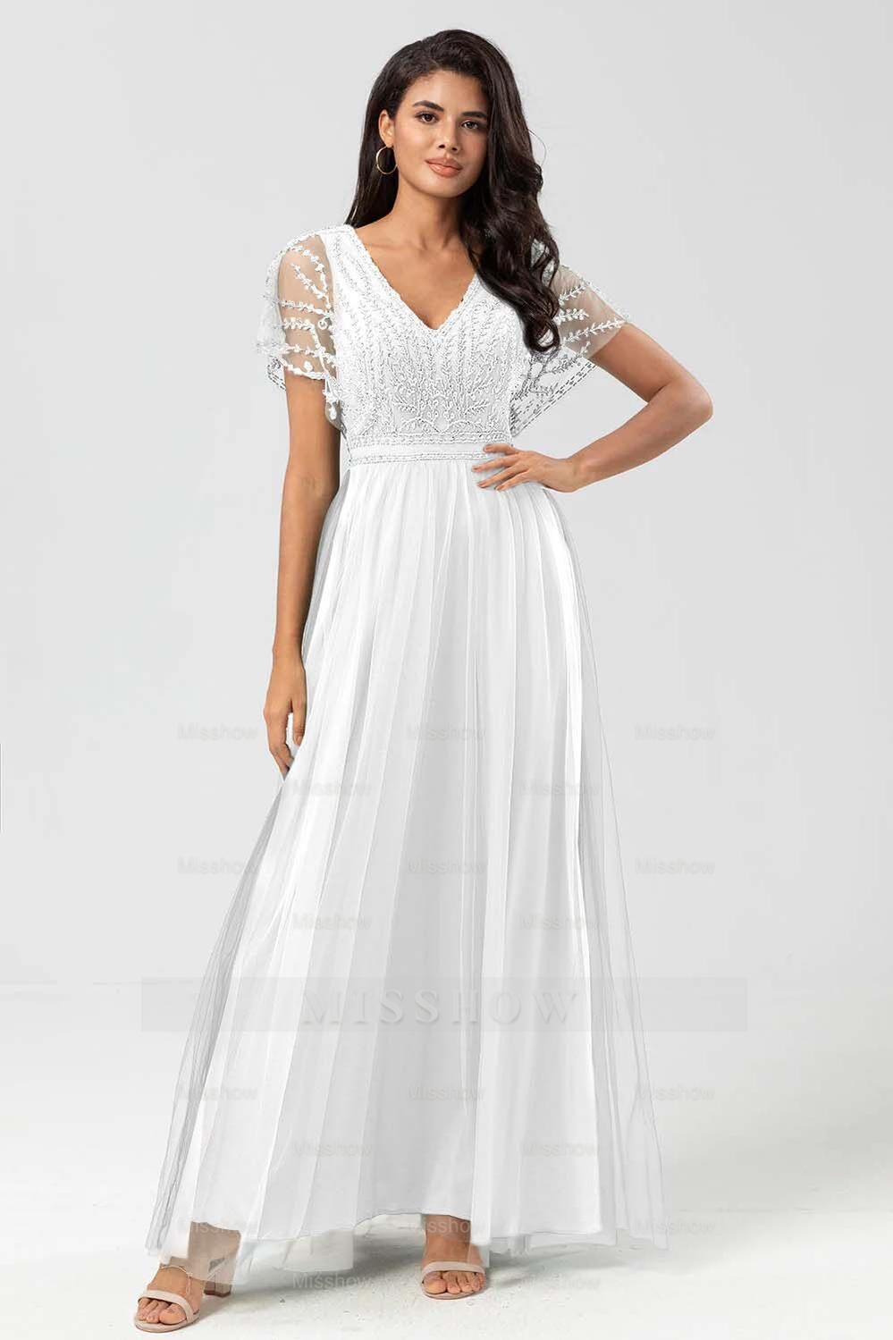Tulle Short Sleeves V Neck A Line Long Formal Dress With Appliques