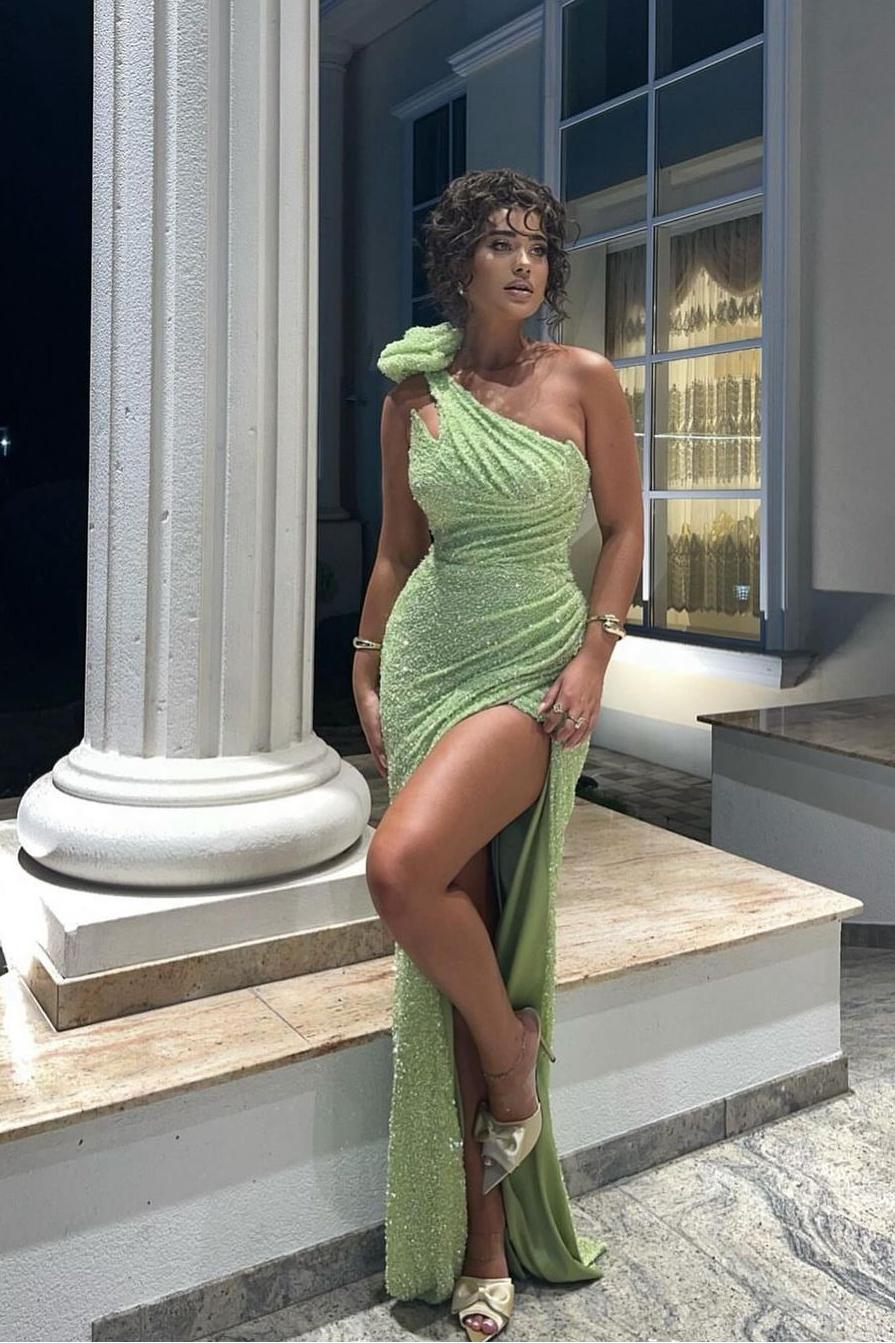 Sequins One Shoulder Sleeveless Split Long Formal Dress With Pleated