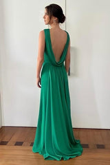 Fabulous A-Line Satin Sleeveless Green Prom Evening Dresses With Openback