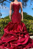 Fabulous Burgundy Spaghetti Straps Sleeveless Piping Lace Mermaid Prom Dress-misshow.com