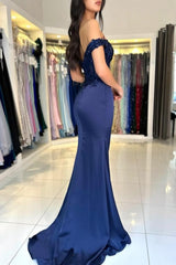 Fabulous Column Satin Lace Off-The-Shoulder Sleeveless Prom Evening Dresses With Appliques Split Front