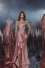 Fabulous Floor Length Crew Long Sleeves Mermaid Satin Prom Dress with Ruffles