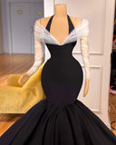 Fabulous Floor Length Long Sleeves Halter Mermaid Prom Dress with Ruffles-misshow.com