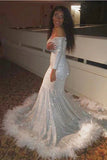 Fabulous Floor Length Long Sleeves Mermaid Sequined Prom Dress with Feathers-misshow.com