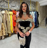 Fabulous Floor Length Off-The-Shoulder Mermaid Black Prom Dress with Appliques-misshow.com