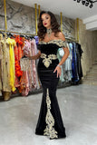 Fabulous Floor Length Off-The-Shoulder Mermaid Black Prom Dress with Appliques