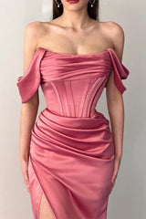 Fabulous Floor Length Off-The-Shoulder Mermaid Satin Prom Dress with Split