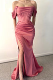 Fabulous Floor Length Off-The-Shoulder Mermaid Satin Prom Dress with Split-misshow.com