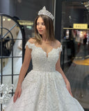 Fabulous Floor Length Sweetheart Off-The-Shoulder A-Line Sequined Wedding Dress with Ruffles-misshow.com