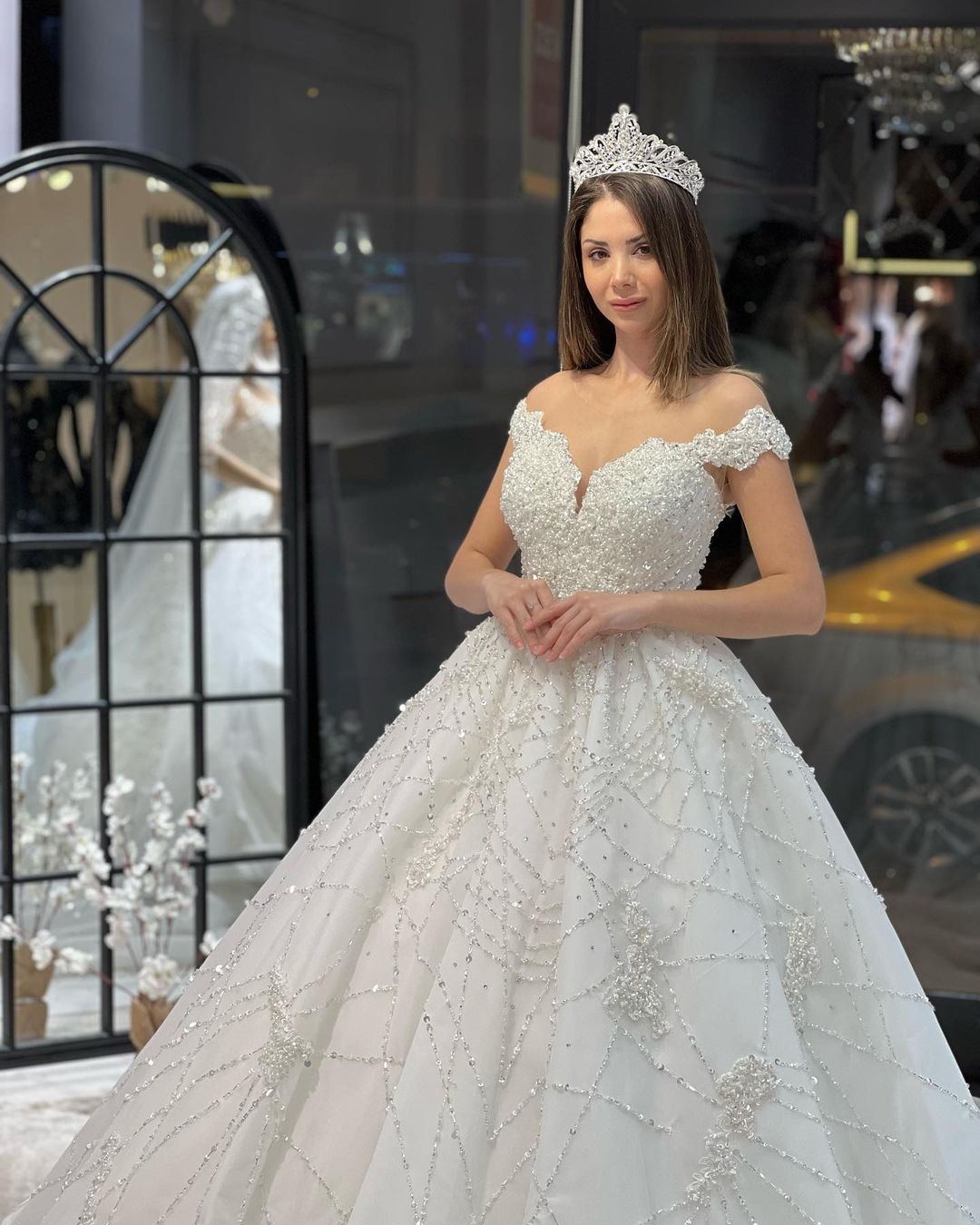 Fabulous Floor Length Sweetheart Off-The-Shoulder A-Line Sequined Wedding Dress with Ruffles-misshow.com