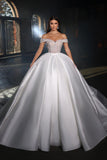 Fabulous Floor Length Sweetheart Sleeveless Off-The-Shoulder A-Line Satin Wedding Dress with Ruffles