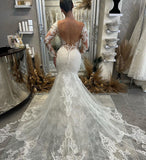 Fabulous Floor Length V-Neck Long Sleeves Mermaid Lace Wedding Dress with Chapel Train-misshow.com