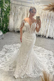 Fabulous Floor Length V-Neck Long Sleeves Mermaid Lace Wedding Dress with Chapel Train