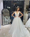 Fabulous Floor Length V-Neck Sleeveless A-Line Tulle Wedding Dress-misshow.com