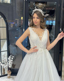 Fabulous Floor Length V-Neck Sleeveless A-Line Tulle Wedding Dress-misshow.com
