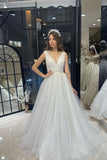 Fabulous Floor Length V-Neck Sleeveless A-Line Tulle Wedding Dress