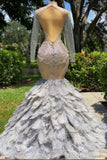 Fabulous Grey Sequined Beading Feather Mermaid Long Sleeves Tulle Prom Dress-misshow.com