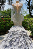 Fabulous Grey Sequined Beading Feather Mermaid Long Sleeves Tulle Prom Dress-misshow.com