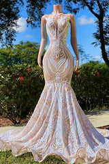Fabulous High Neck Lace Floor-length Mermaid Prom Dresses