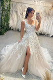 Fabulous Long A-line Sleeveless Lace Wedding Dress With Slit-misshow.com