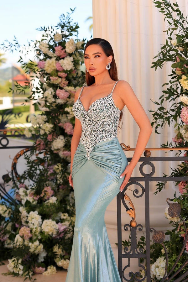 Fabulous Long Green Mermaid Spaghetti Straps Lace Satin Prom Evening Dresses
